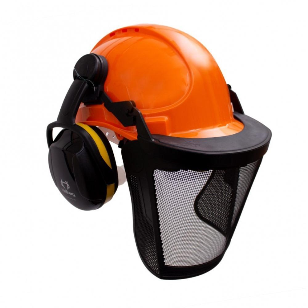 Kit Forestal Irudek: Casco Stilo 300 arancione ventilato per protezione forestale. Auricolare Secure 1C per la protezione dell'udito durante il lavoro forestale. Supporto Safe 2 flex per una vestibilitu00e0 sicura e stabile. Visiera a rete nylon per proteggere il volto da oggetti volanti e trucioli.