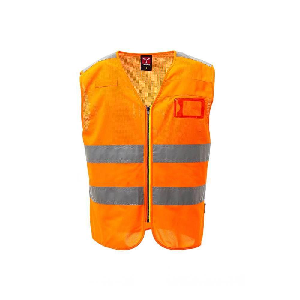 Gilet Payper Ace Mesh Alta Visibilitu00e0 Arancio Fluo con strisce riflettenti, perfetto per garantire sicurezza in ambienti di lavoro a rischio.