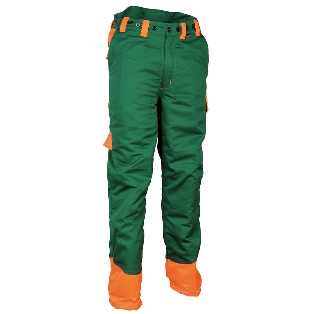 Cofra Chain Stop Verde-Arancio visto frontalmente. Il pantalone presenta una combinazione di colori verde e arancio ad alta visibilitu00e0, con dettagli riflettenti per una maggiore sicurezza sul lavoro. 