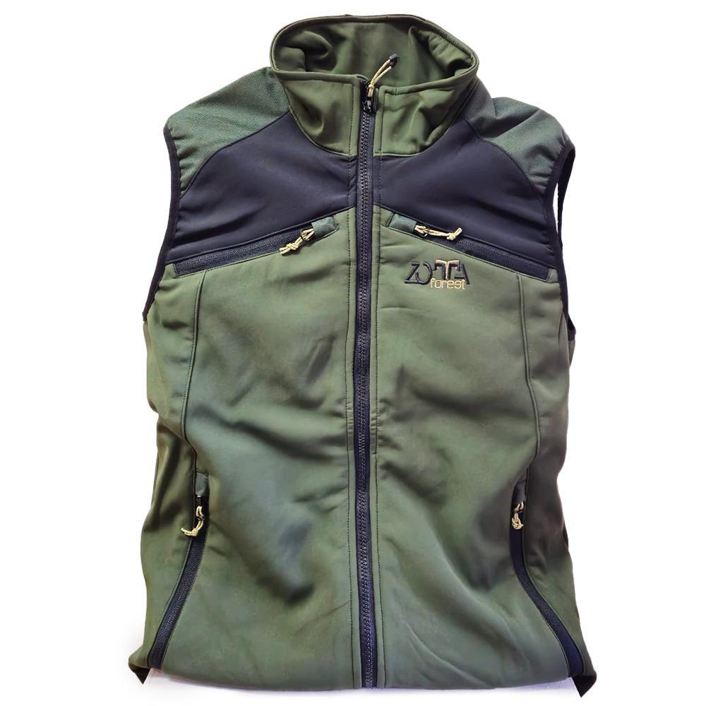 Gilet Zotta Forest Laos Man Vest verde e nero con tasche con zip e carniere posteriore, ideale per cacciatori e attivitu00e0 all'aperto.