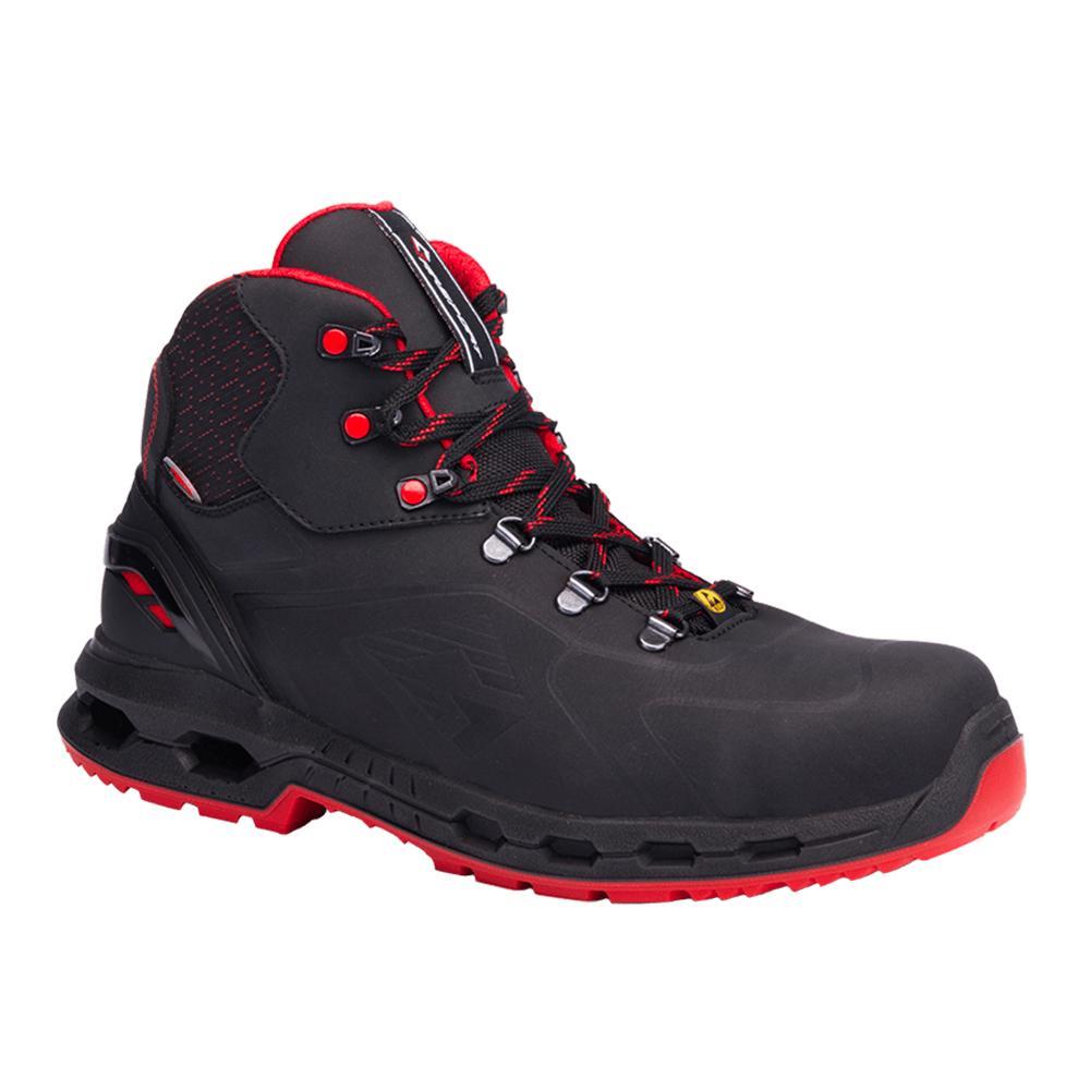 Scarpe antinfortunistiche Garsport Hexa Dry Mid S7S ESD nere e rosse, con protezione ESD, impermeabilitu00e0 e suola antiscivolo, ideali per ambienti di lavoro sicuri.