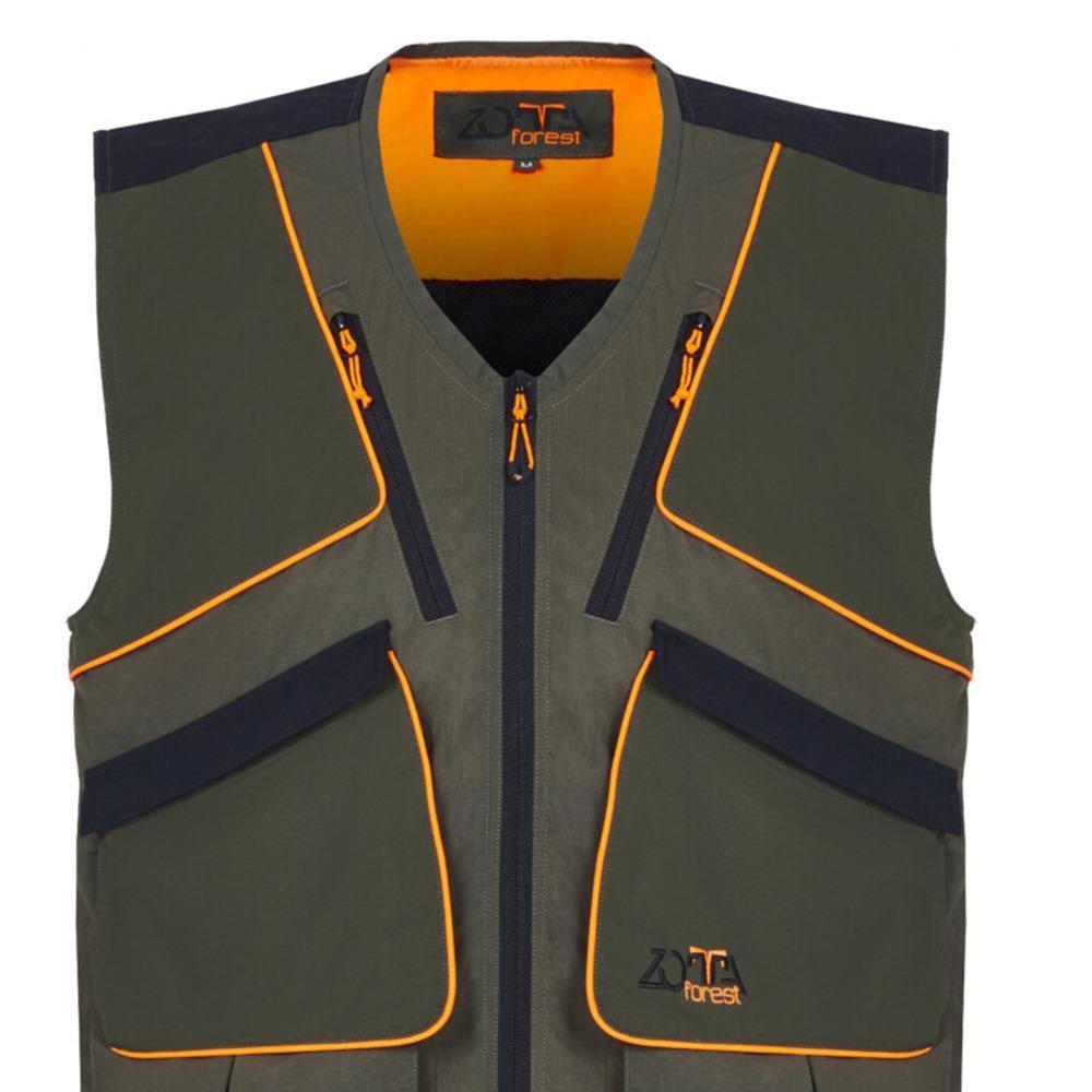 Gilet da caccia Zotta Forest Flaming verde e arancio, visibile e resistente, ideale per cacciatori in ambienti boschivi.