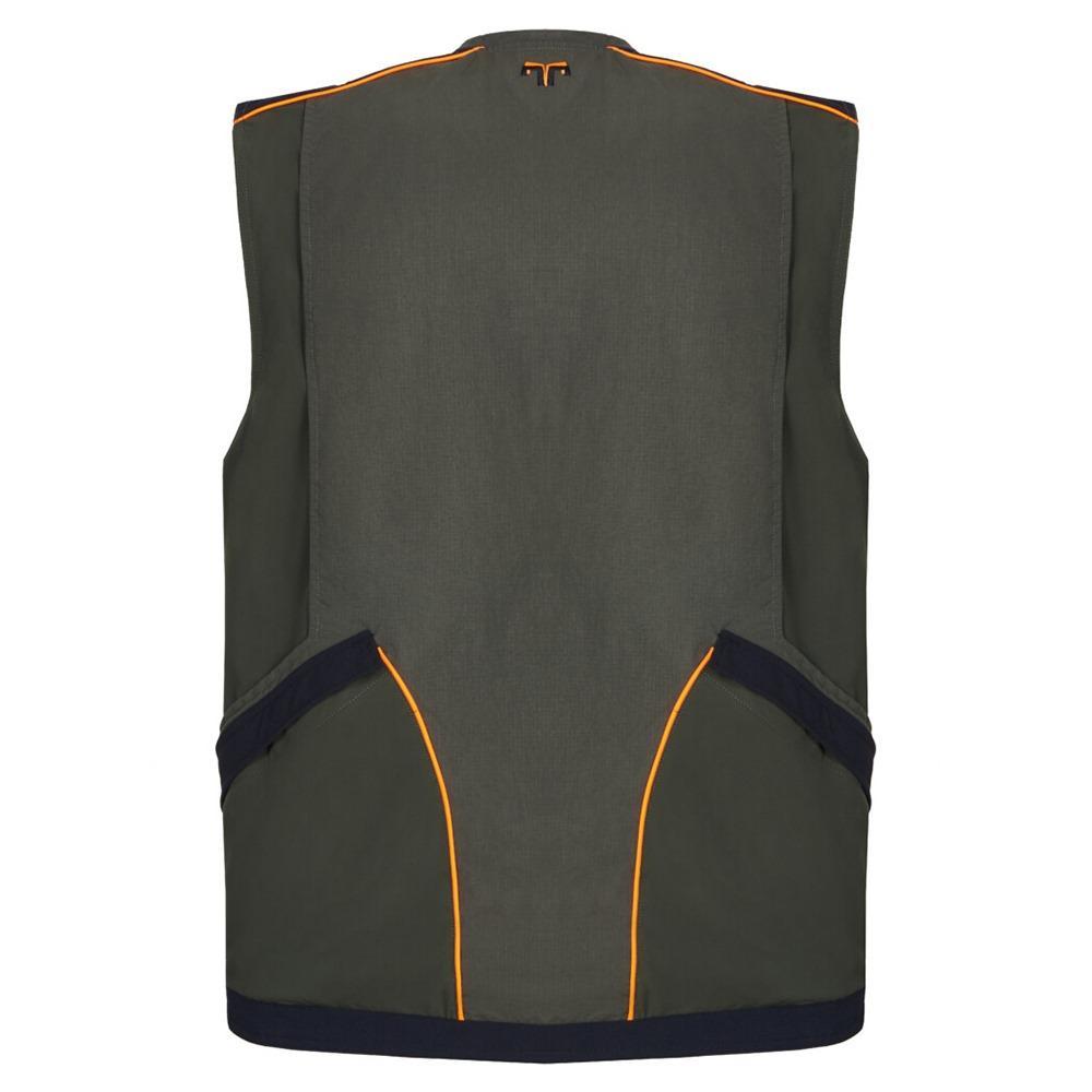 Dettaglio delle tasche del Gilet da caccia Zotta Forest Flaming verde e arancio, perfette per accessori e attrezzi da caccia.